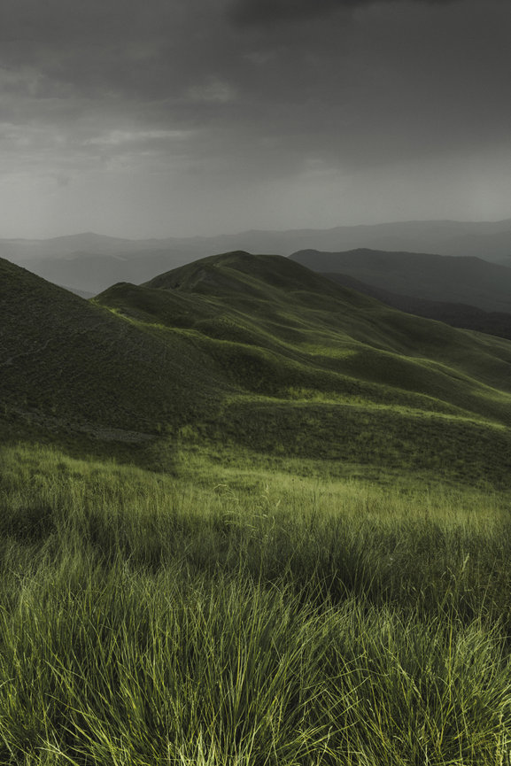 Rolling green hills stretch under a gray, overcast sky.